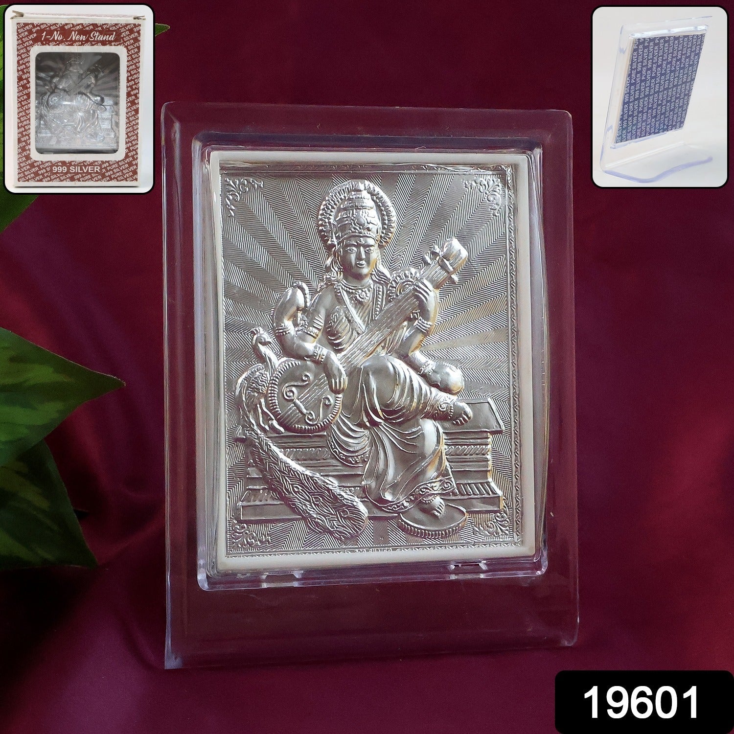 Elegant Silver Saraswati Maa Photo Frame with Stand (1 Pc) Elegant Silver Saraswati Maa Photo Frame with Stand (1 Pc)